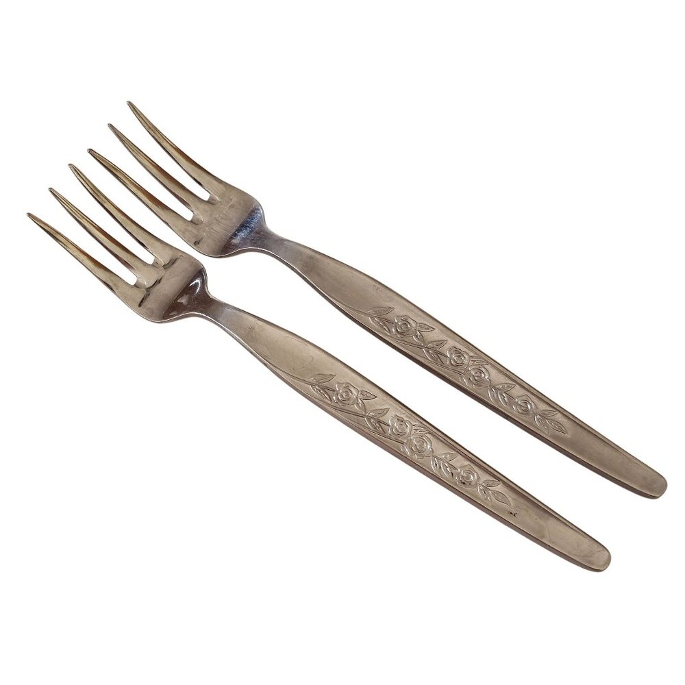 2 Elden Vintage Flower Cocktail Fork Stainless 5.5" Rose Midcentury Colonial Sty